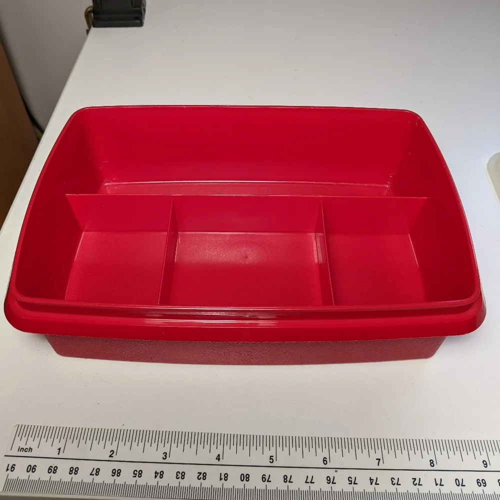 Vintage Red Tupperware Tuppercraft Divided Stow N Go Tackle Craft Sewing Box Lid